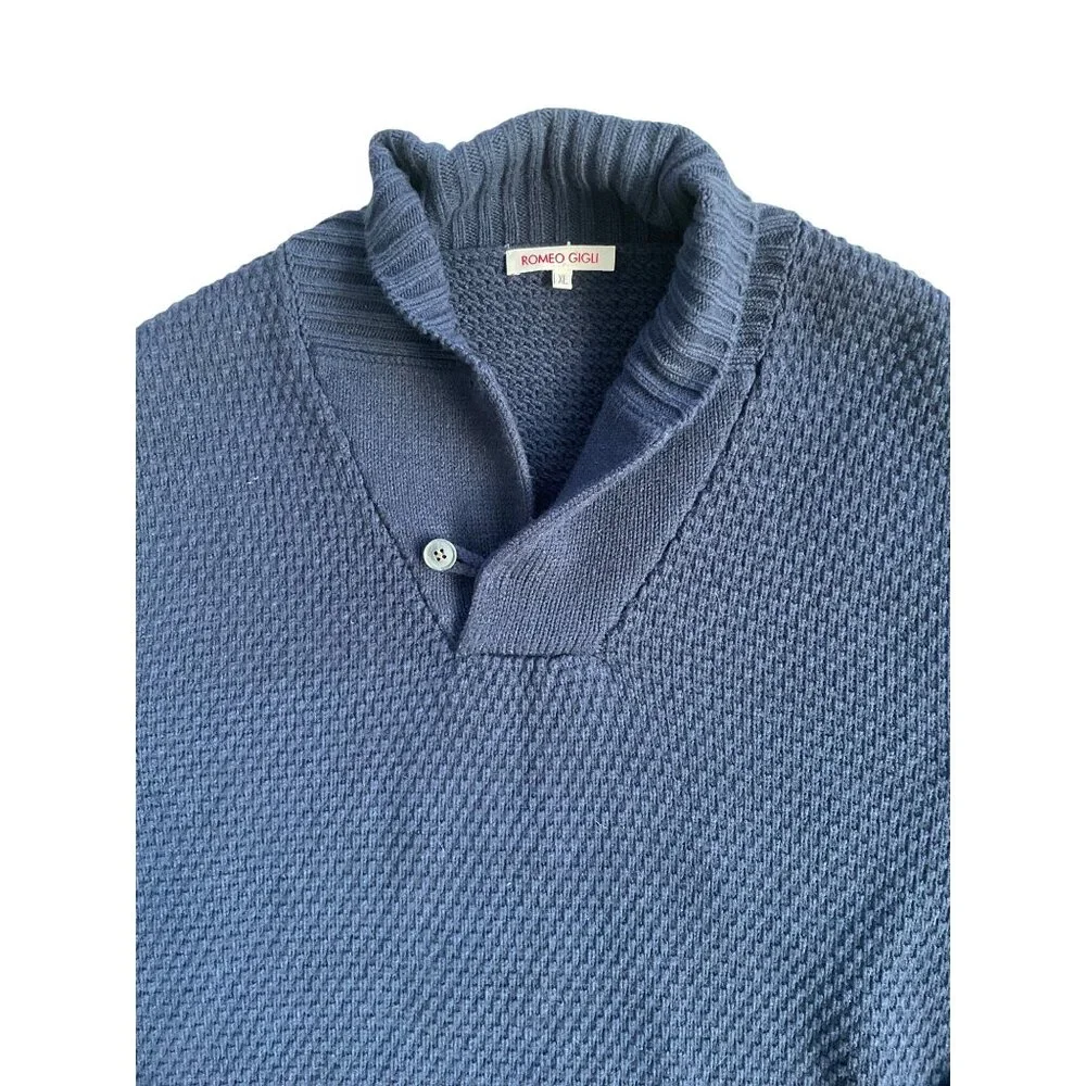 Romeo Gigli mock neck half-button collared pullover sweater Men's XL Navy Wool